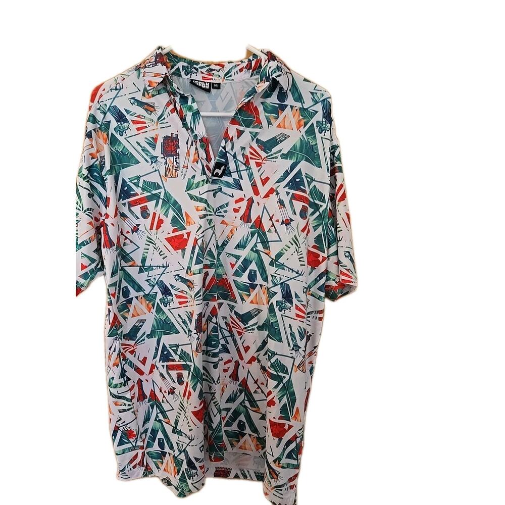 Lofty Llama Mens M Geometric Floral All Over Print Loud Golf Polo Shirt Stretch